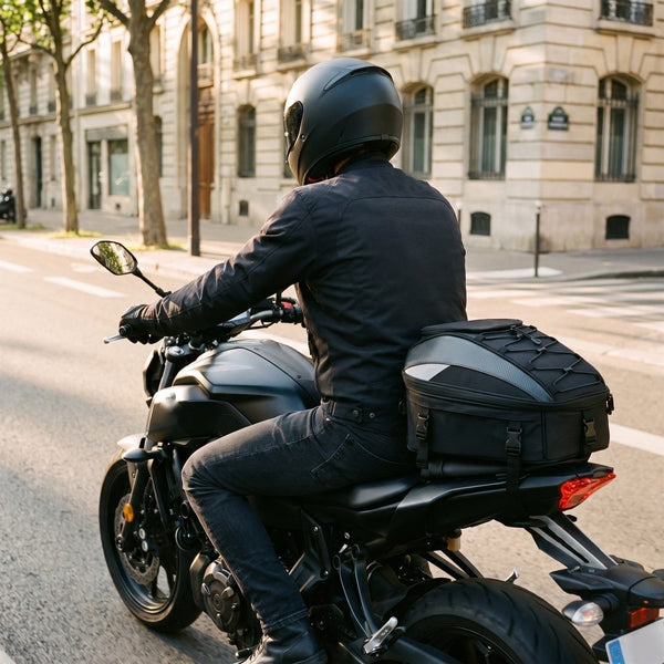 En roulant, le sac EIZOX sanglé sur la selle passager, rien sur le dos