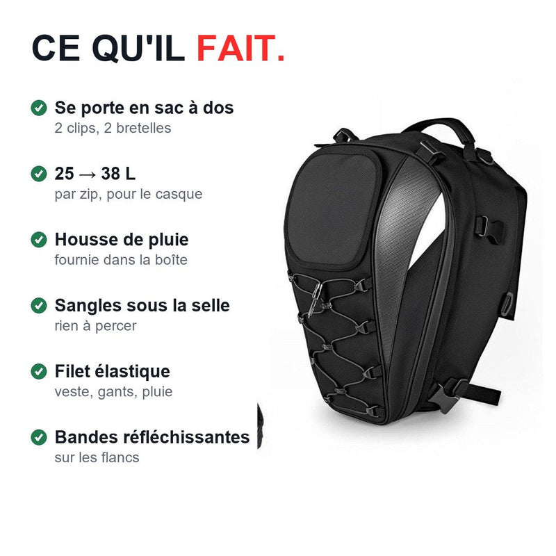 Ce que fait le sac : sac à dos, 25 à 38 litres, housse de pluie, sangles, filet, bandes réfléchissantes