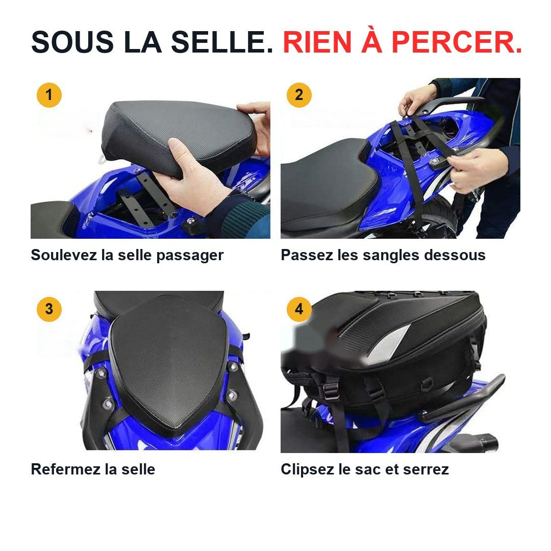 Le montage en 4 étapes : soulever la selle, passer les sangles, refermer, clipser le sac