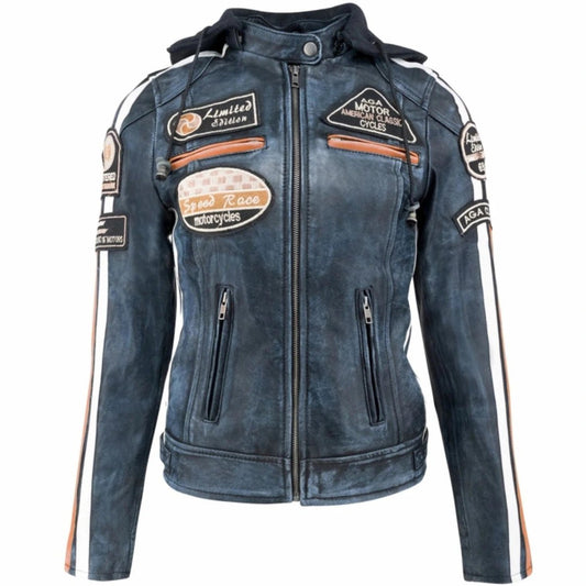 Blouson cuir moto femme style vintage | LEGENDARY 58™ Bleu - LE PRATIQUE DU MOTARD