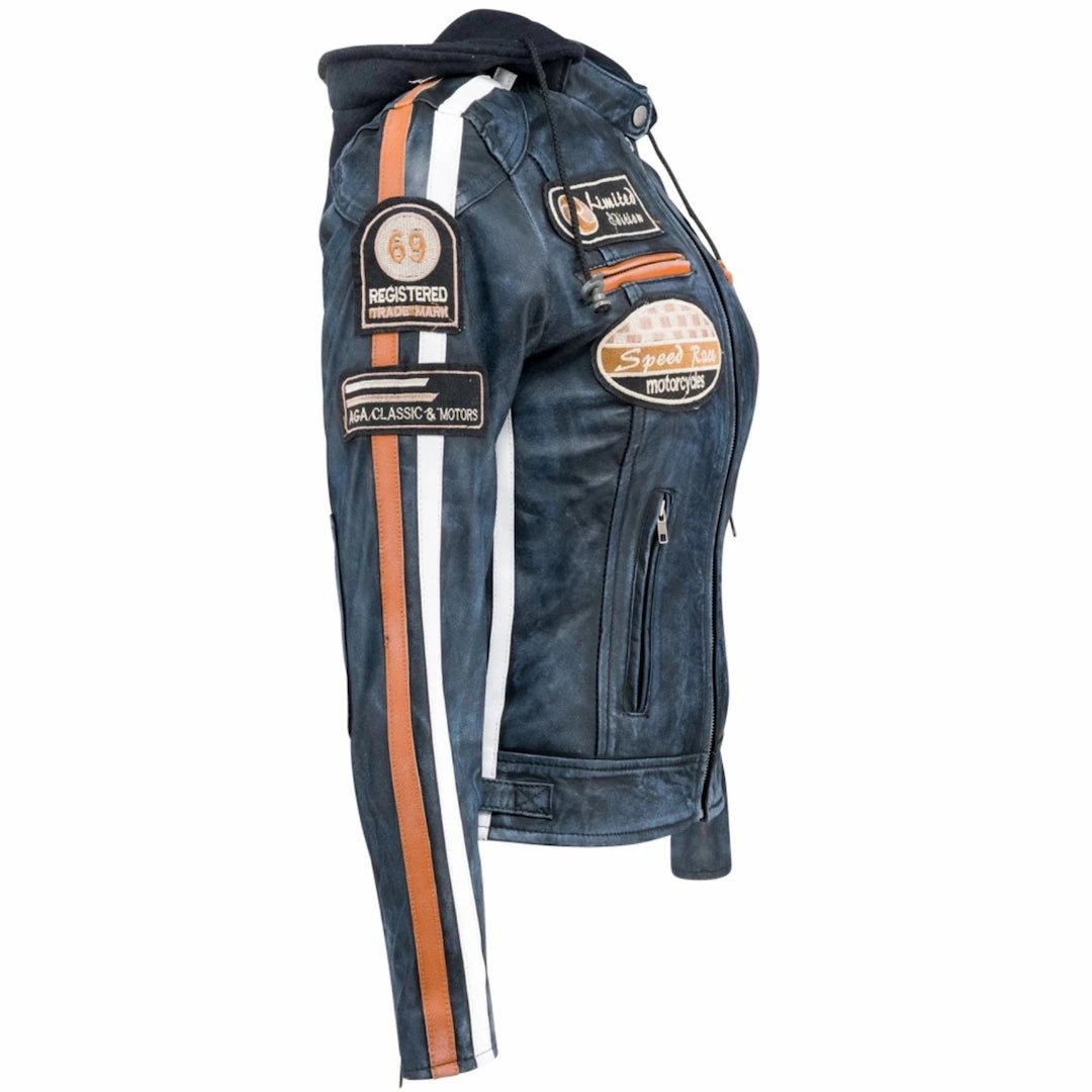 Blouson cuir moto femme style vintage | LEGENDARY 58™ Bleu - LE PRATIQUE DU MOTARD