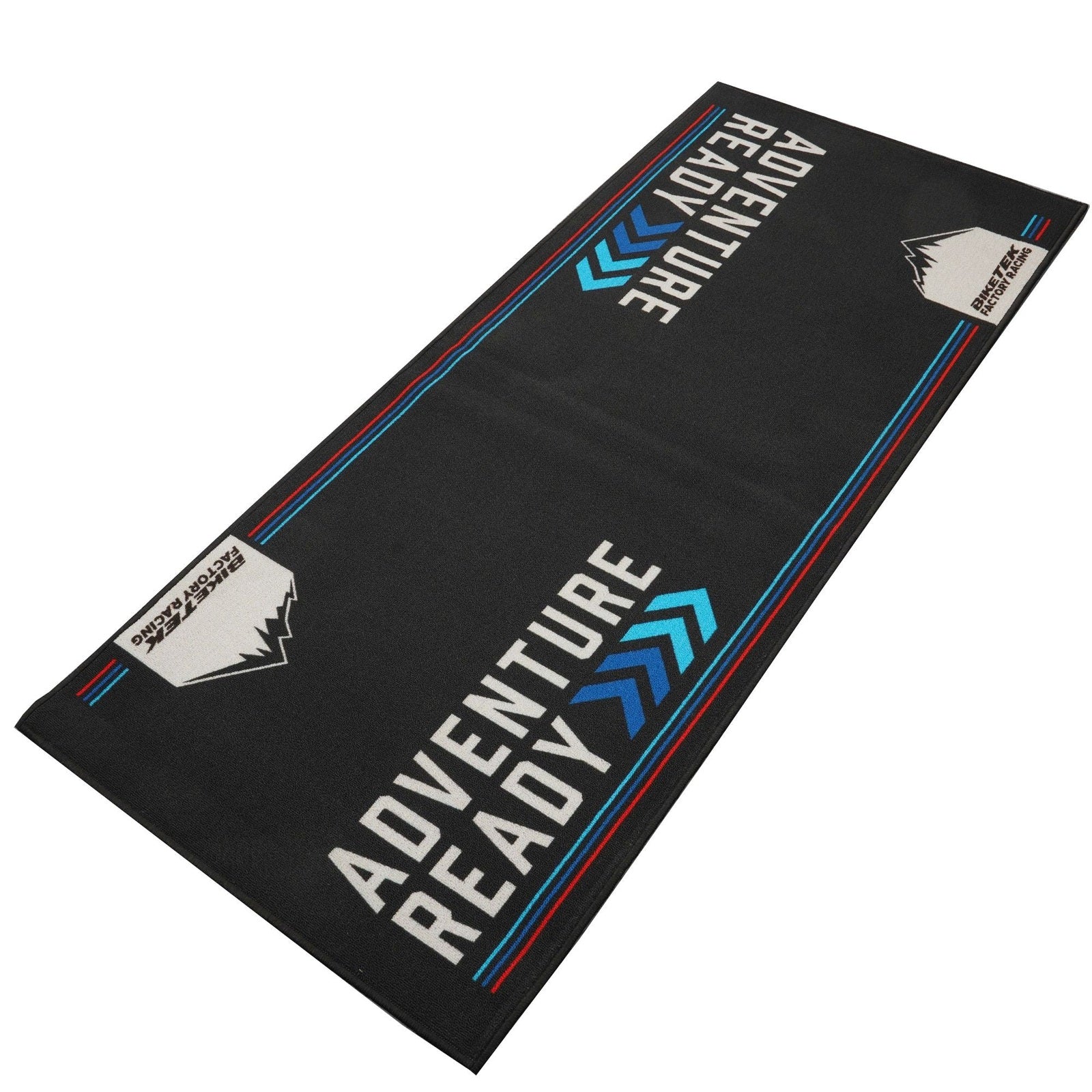 Tapis de sol moto Adventure Ready bleu rouge environnemental 190x80cm BIKETEK — pour Africa Twin, BMW GS, Tiger