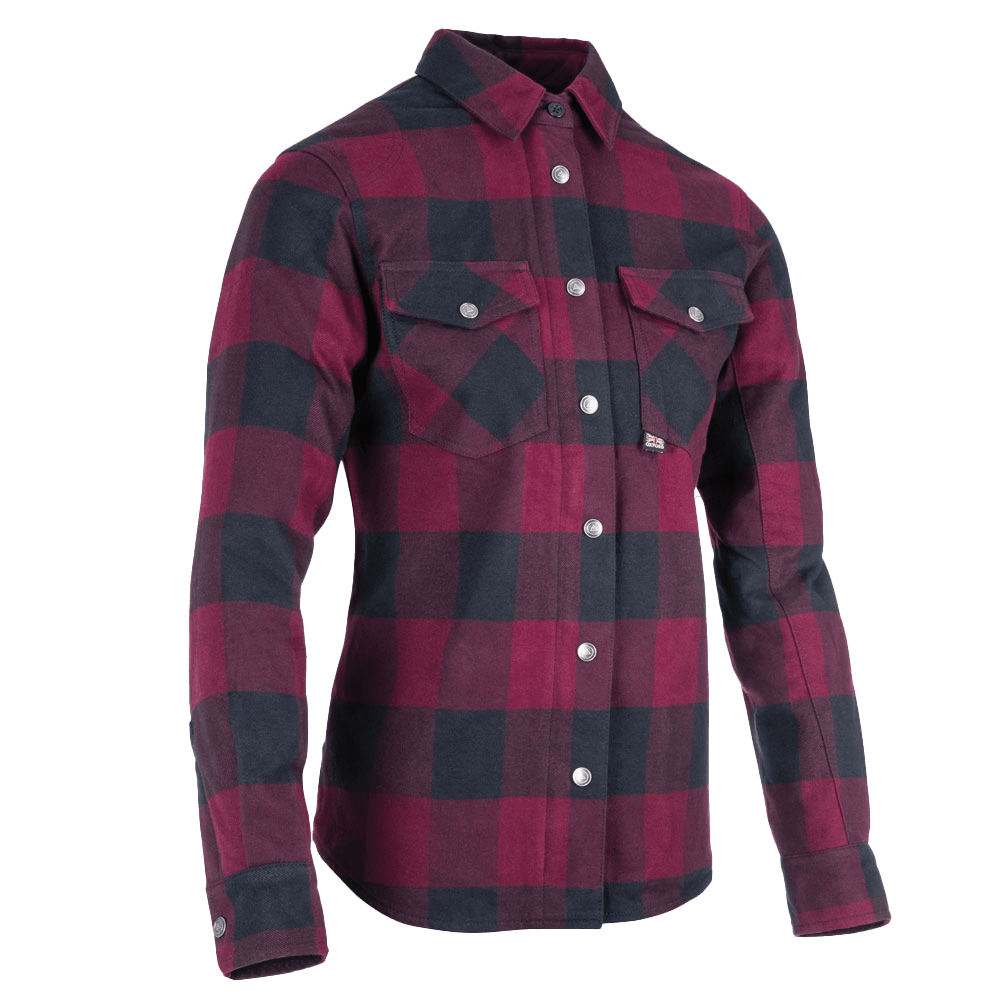 Surchemise moto femme SKADI carreaux rouge et noir, vue trois quarts