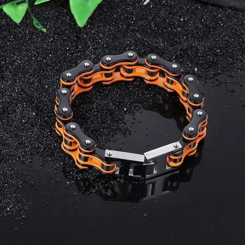 BRACELET CHAINE DE MOTO ORANGE ET NOIR - Le Pratique du Motard