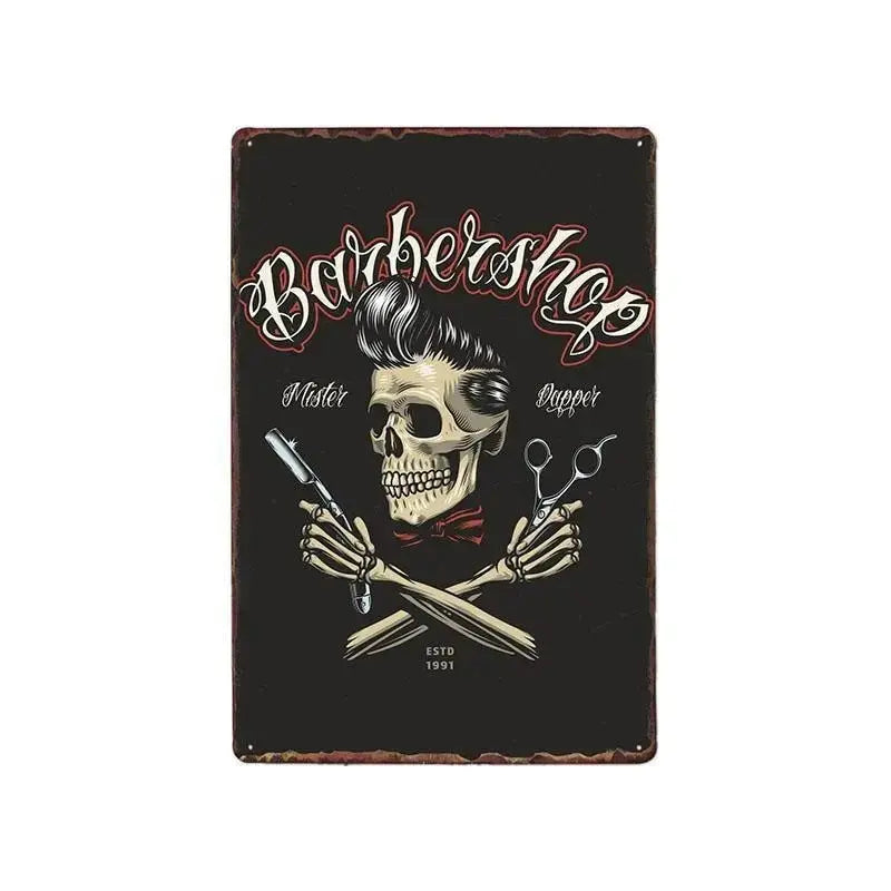 Plaque métallique décorative "BARBER SCHOOL" - Le Pratique du Motard