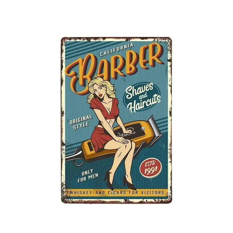 Plaque métallique décorative "BARBER SCHOOL" - Le Pratique du Motard