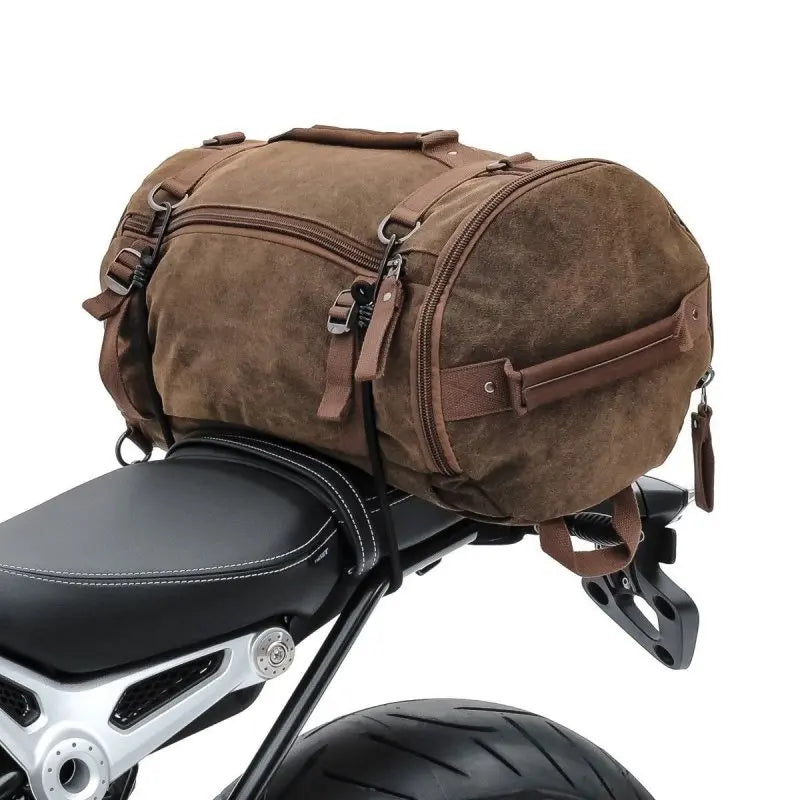 Set: Sac à dos moto Canvas RG8 Sacoche moto Vintage 20Ltr Retro marron + Sacoche de selle Moto arrière Vintage 25L Canvas Sac à dos Rouleau Le Pratique du Motard