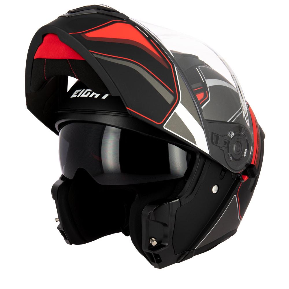 Casque modulable S551 Dual Face noir rouge — vue trois-quarts avant, mentonnière relevée