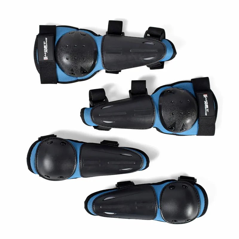 Coudières et genouillères moto cross enfant bleues à coques rigides et sangles velcro