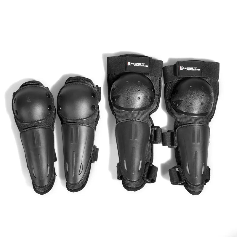 Genouillères et coudières moto cross enfant noires, coques dures et fermetures velcro