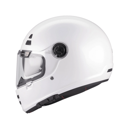 Casque intégral MT café racer blanc nacré de profil, ligne arrondie et écran solaire