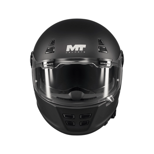 Casque intégral homologué ECE 22-06 noir mat de face, ventilations mentonnière ajourées