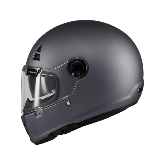 Casque intégral MT café racer gris mat de profil, silhouette arrondie et écran solaire