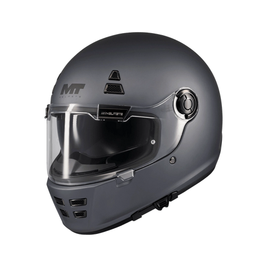 Casque intégral rétro MT Jarama SV gris mat, vue trois-quarts face visière fermée - LE PRATIQUE DU MOTARD