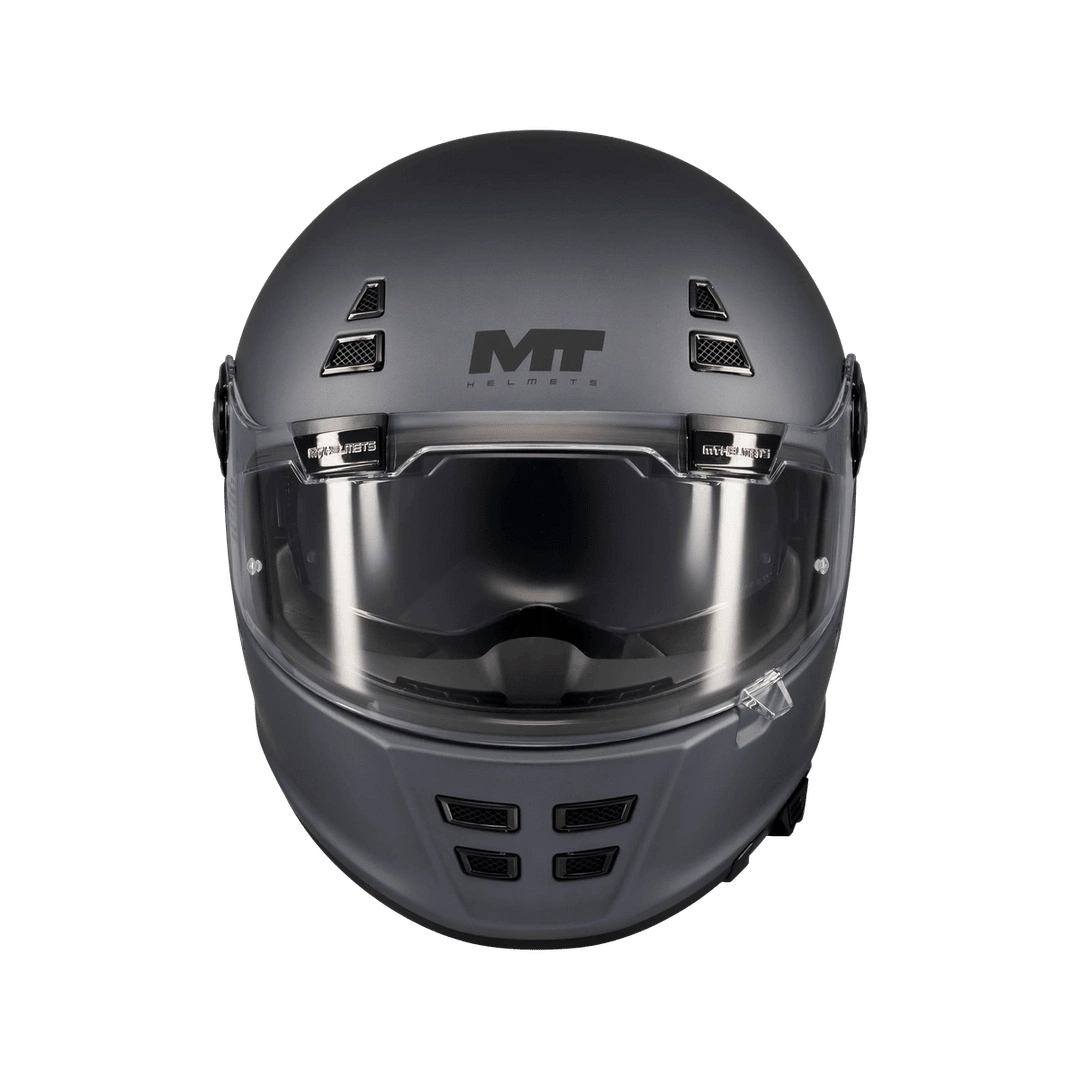 Casque intégral homologué ECE 22-06 gris mat de face, doubles ventilations mentonnière
