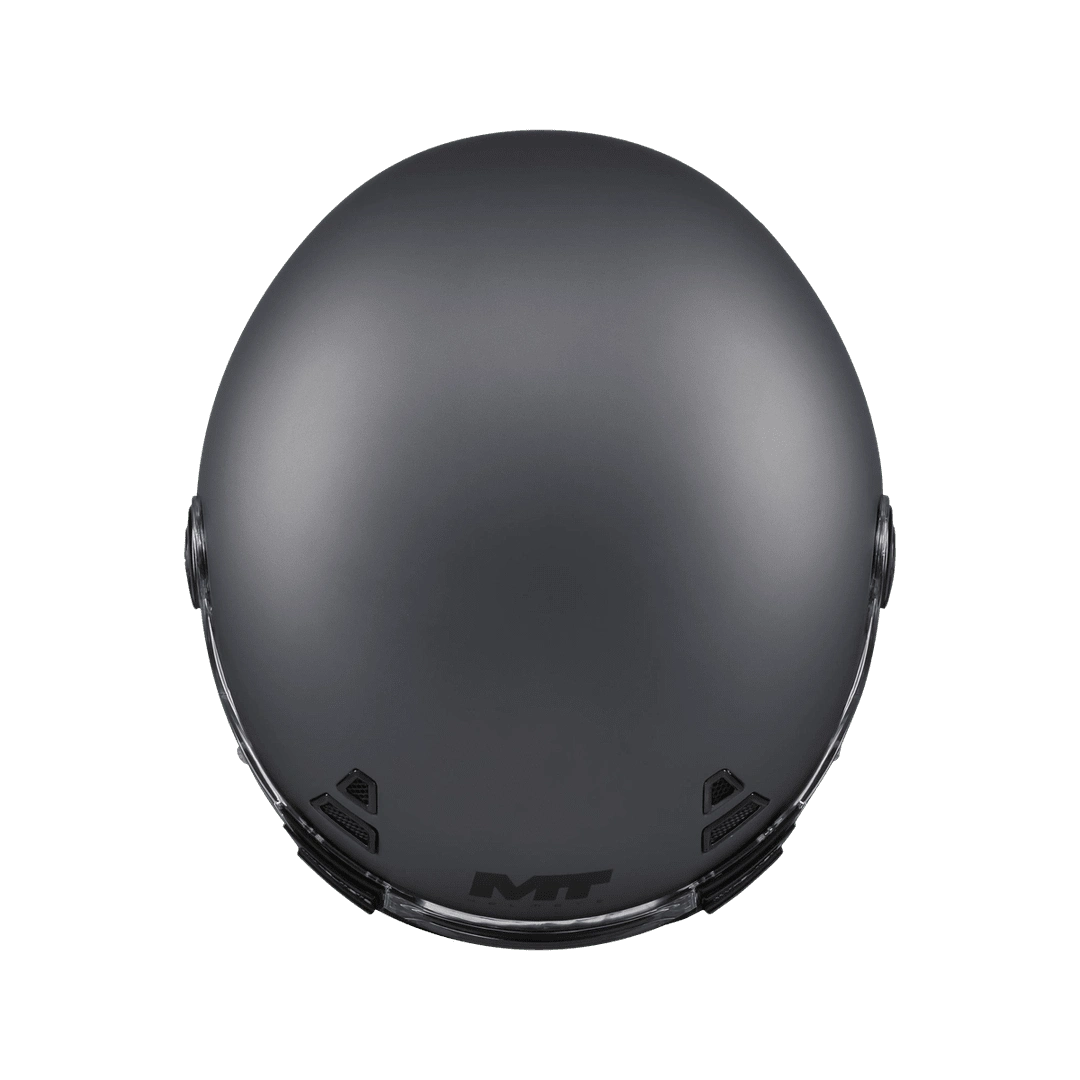 Casque intégral gun metal gris mat vu du dessus, calotte ronde néo-rétro