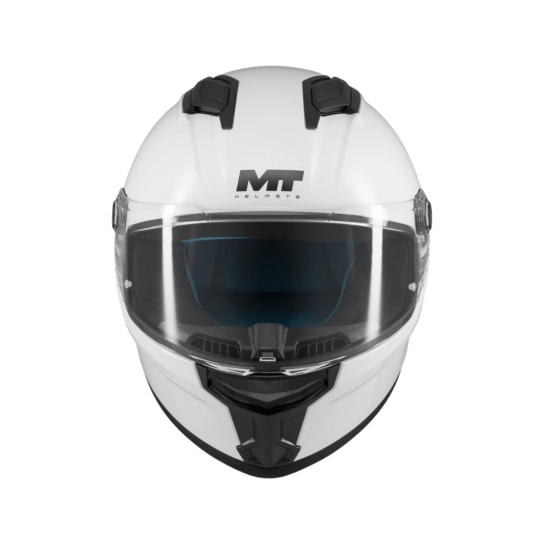 Casque intégral moto MT Stinger 2 blanc nacré vue de face visière relevée