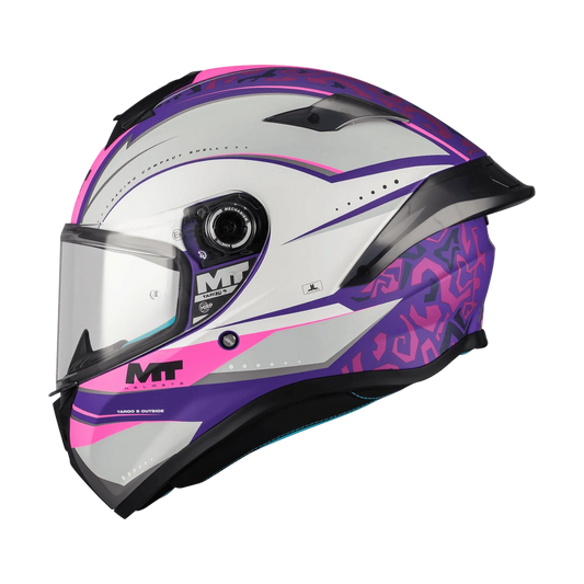 Casque intégral moto rose MT Targo S Outside profil déco blanc rose violet