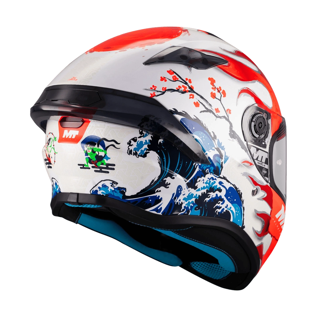 Casque intégral homologué ECE 22-06 Targo S Yamanaka vue arrière trois-quarts déco vagues