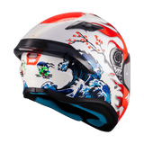 Casque intégral homologué ECE 22-06 Targo S Yamanaka vue arrière trois-quarts déco vagues
