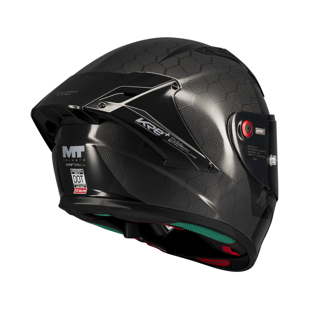 Casque intégral MT KRE+ S Pure noir gloss de dos, spoiler et homologation ECE 22-06