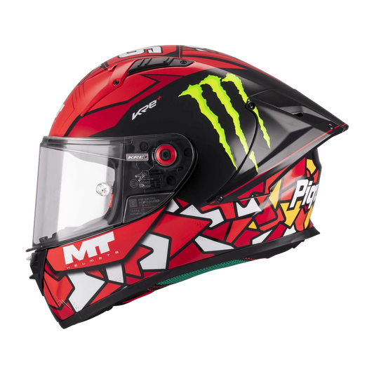 Casque intégral MT KRE+ S Piqueras B5 gloss de profil gauche, déco Monster et coque composite