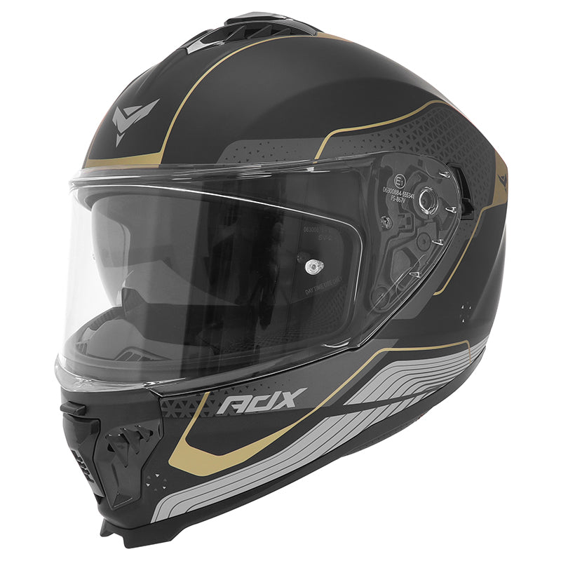 Casque intégral ADX AI500 EVO Noir/Or Mat — vue trois-quarts avant, côté droit