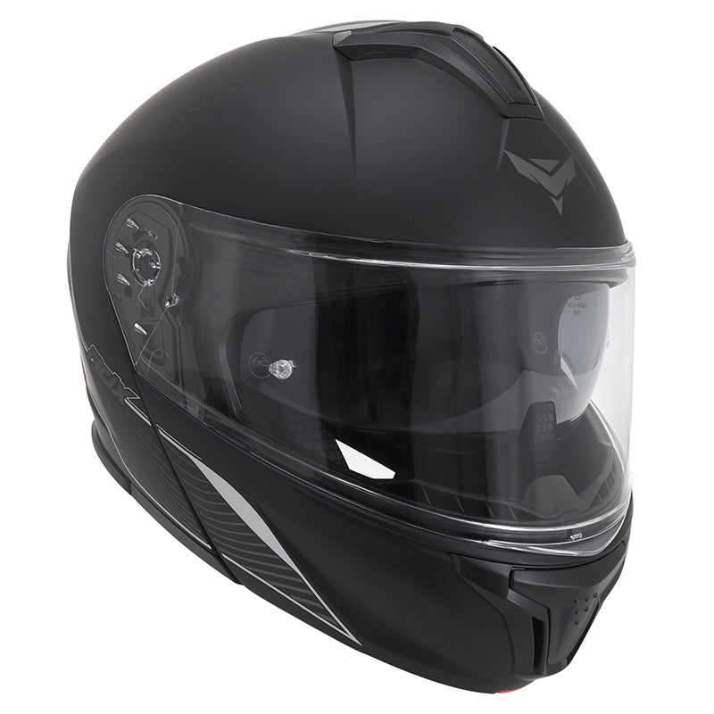 Casque modulable ADX AM600 Noir Mat — vue trois-quarts avant, mentonnière fermée