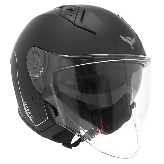 Casque jet ADX AJ300 Noir Mat — vue trois-quarts avant, écran long transparent