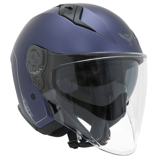 Casque jet ADX AJ300 Bleu Mat — vue trois-quarts avant, écran long transparent