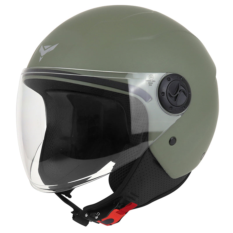 Casque jet ADX AJ020 Vert Olive Mat — vue trois-quarts avant, côté droit