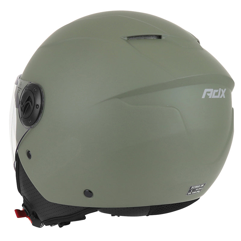 Casque jet ADX AJ020 Vert Olive Mat — vue trois-quarts arrière