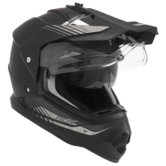 Casque cross/trail ADX AC900 Noir/Argent Mat — écran relevé sous la visière, pare-soleil intégré abaissé