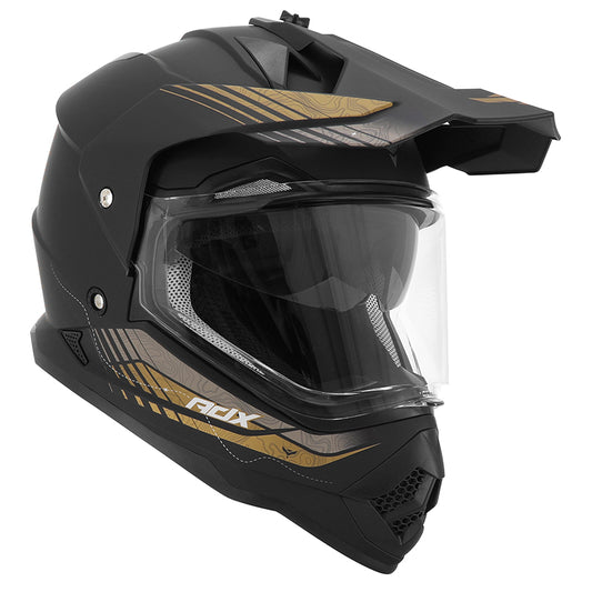 Casque cross/trail ADX AC900 Noir/Or Mat — vue trois-quarts avant, écran fermé
