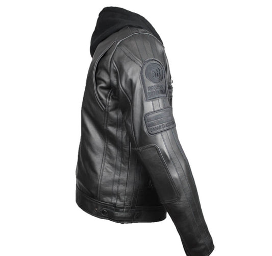 Détail cuir nubuck mat du blouson moto Heritage 58 Black Edition