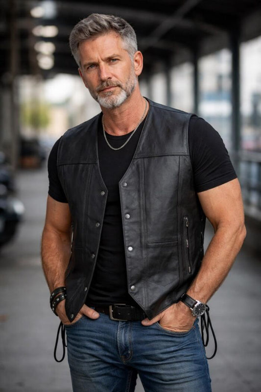 Gilet Cuir Biker — Lacets Latéraux | 100% Cuir Vachette | Urban Rebel™ - LE PRATIQUE DU MOTARD