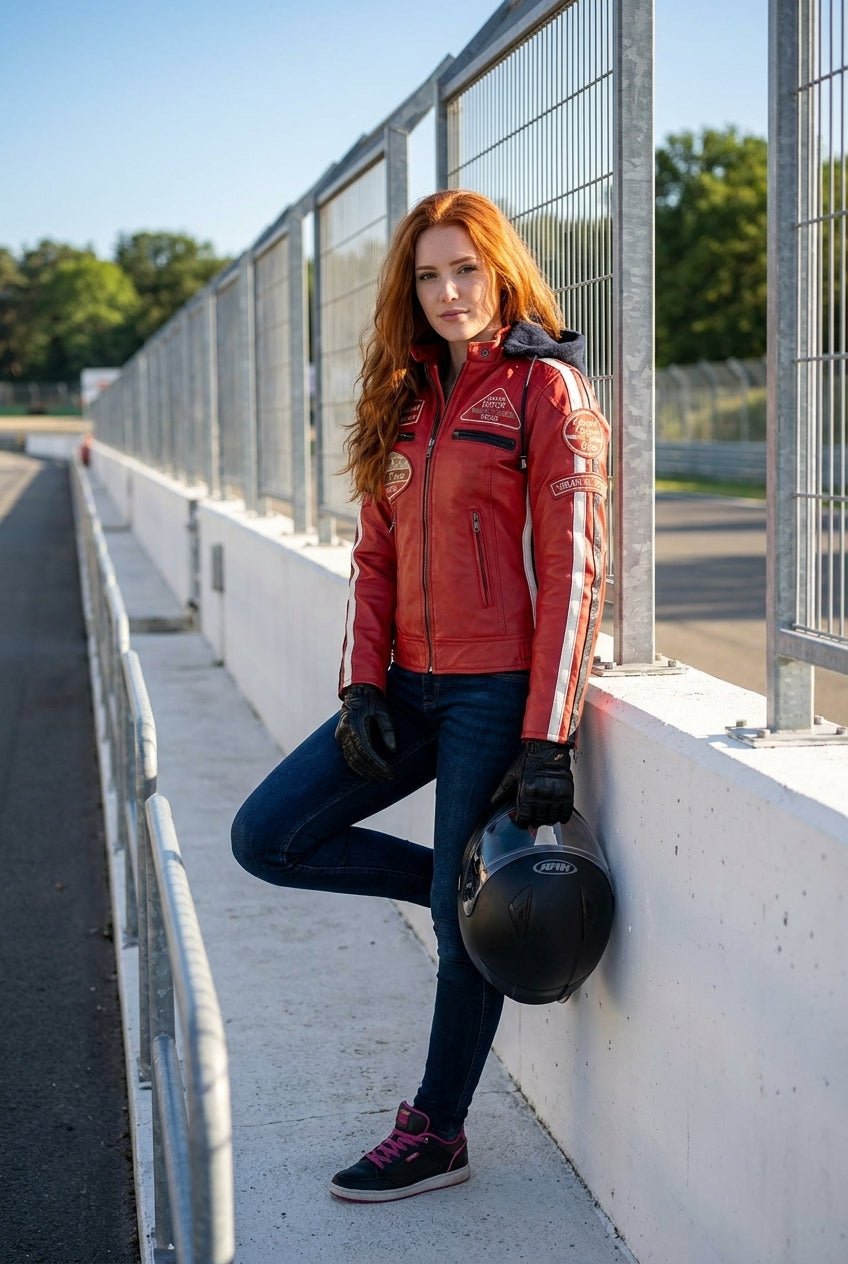 Blouson cuir moto femme style vintage | LEGENDARY 58™ Rouge - LE PRATIQUE DU MOTARD