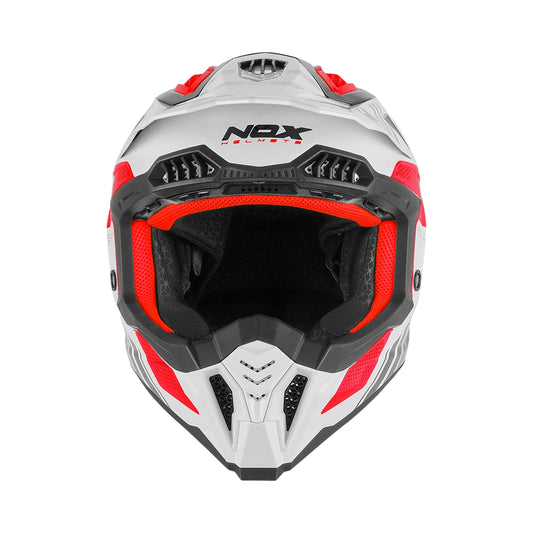 Casque cross NOX N634 Storm blanc rouge vue trois-quarts, casquette-visière et mentonnière prononcée
