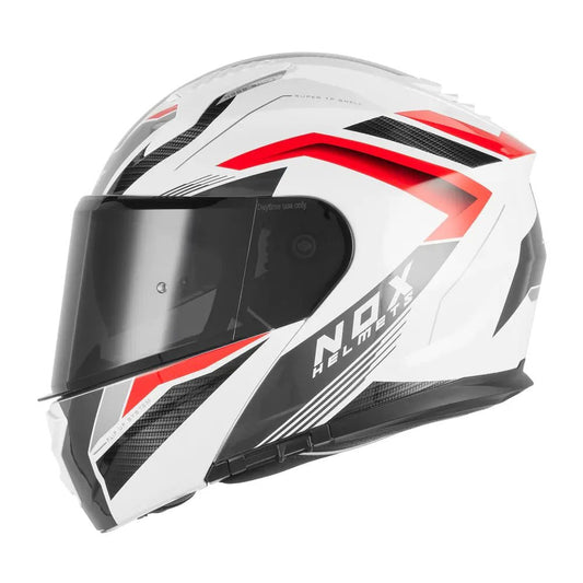 Face du casque modulable NOX N968 Shift bicolore blanc rouge, visière fermée
