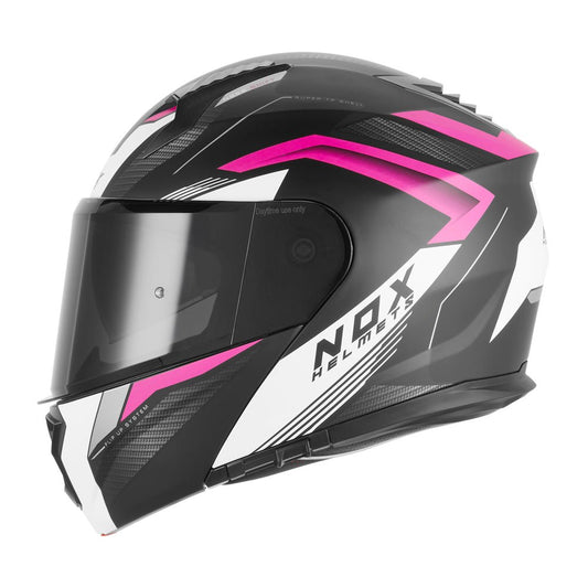 Face du casque modulable NOX N968 Shift bicolore rose fuchsia, visière fermée