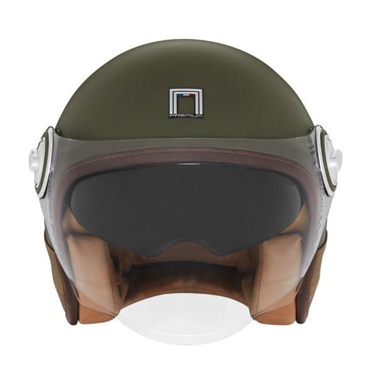 Casque Moto Jet Heritage Kaki Mat Cuir Marron | NOX - LE PRATIQUE DU MOTARD
