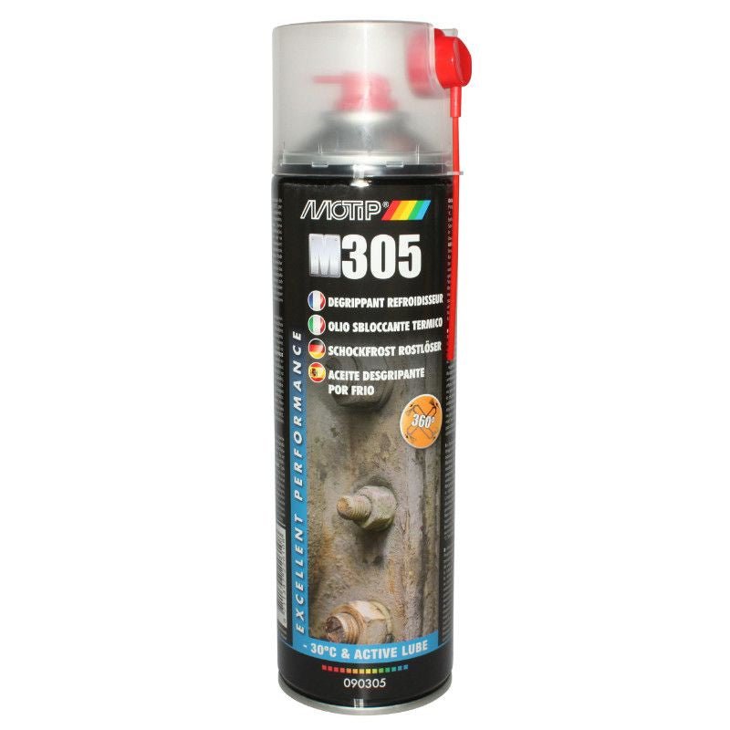 DEGRIPPANT REFROIDISSEUR MOTIP M305 (DEBLOQUE PAR BAISSE SOUDAINE DE TEMPERATURE - 30°C) (AEROSOL 500ml) - LE PRATIQUE DU MOTARD