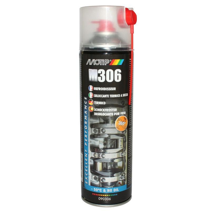 DEGRIPPANT REFROIDISSEUR DE PIECE MOTIP M306 (DEBLOQUE LES ASSEMBLAGES PAR BAISSE SOUDAINE DE TEMPERATURE - 50°C) (SPAY 500 ml) - LE PRATIQUE DU MOTARD