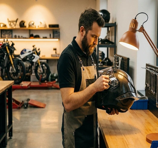 Motard a l'atelier du  site le Pratique du motard qui répare un casque client