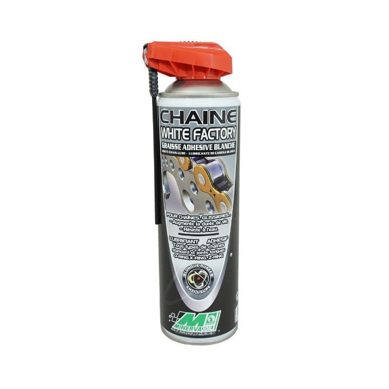 GRAISSE A CHAINE MOTO MINERVA CHAINE WHITE FACTORY ADHESIVE BLANCHE POUR ROUTE/OFF ROAD/CROSS (AEROSOL 500 ml) - LE PRATIQUE DU MOTARD