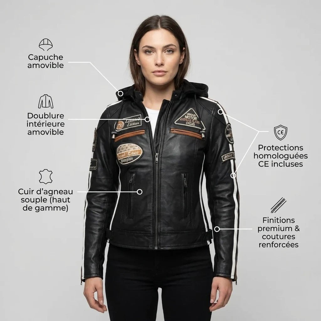 Blouson cuir moto femme cafe racer | LEGENDARY 58™ Noir - LE PRATIQUE DU MOTARD