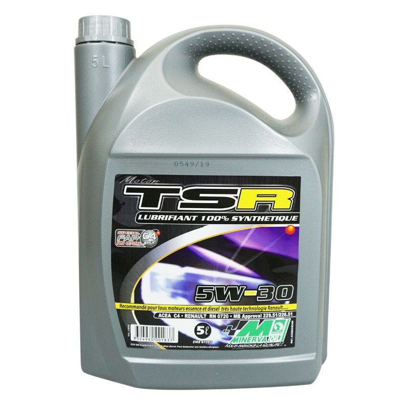 HUILE MOTEUR 4 TEMPS MINERVA AUTO SYNTHESE TSR 5W30 (100% SYNTHESE POUR MOTEURS FAP DIESEL ET ESSENCE) (5L) - LE PRATIQUE DU MOTARD