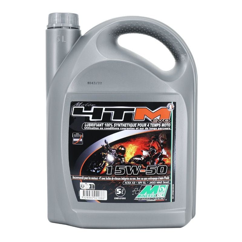 HUILE MOTEUR 4 TEMPS MINERVA MOTO 4TM EVO SYNTHESE 15W50 (5L) (100% MADE IN FRANCE) - LE PRATIQUE DU MOTARD