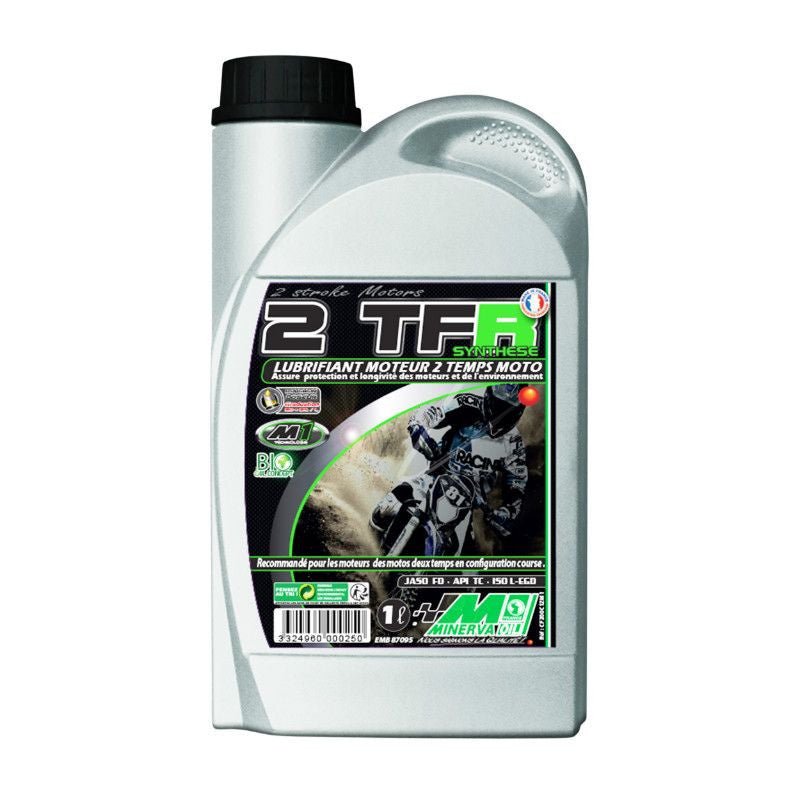 HUILE MOTEUR 2 TEMPS MINERVA 50 A BOITE/MOTO TFR 100% SYNTHESE, BIO DEGRADABLE (1L) (100% MADE IN FRANCE) - LE PRATIQUE DU MOTARD