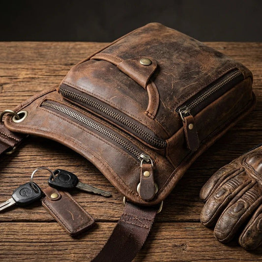 Héritage™ — Sacoche de Jambe vintage en Cuir de Vachette Ciré - LE PRATIQUE DU MOTARD